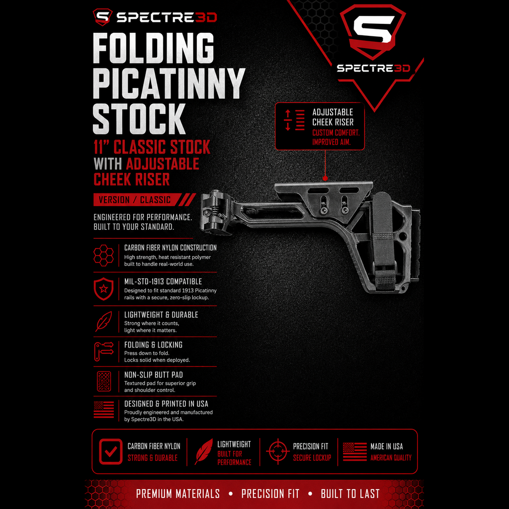 Spectre3D carbon fiber airsoft Picatinny stock with adjustable cheek riser