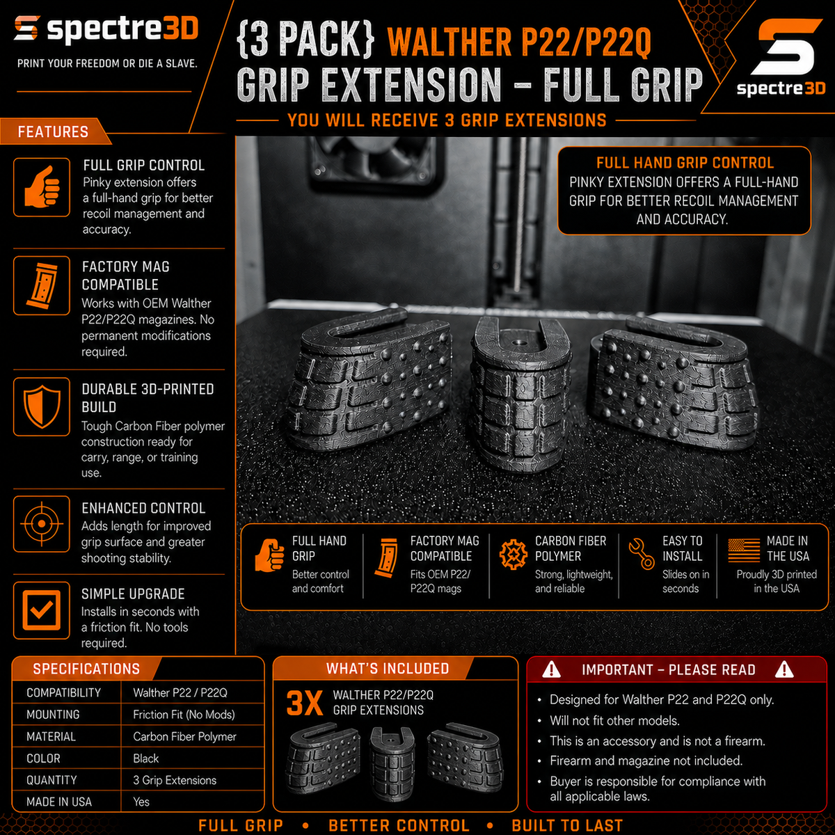{3 PACK} Walther P22/P22Q Grip Extension (Made with Carbon Fiber Polymer)
