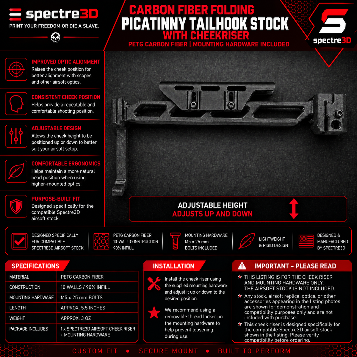 Carbon Fiber Folding Picatinny Tailhook Stock with Cheek Riser
