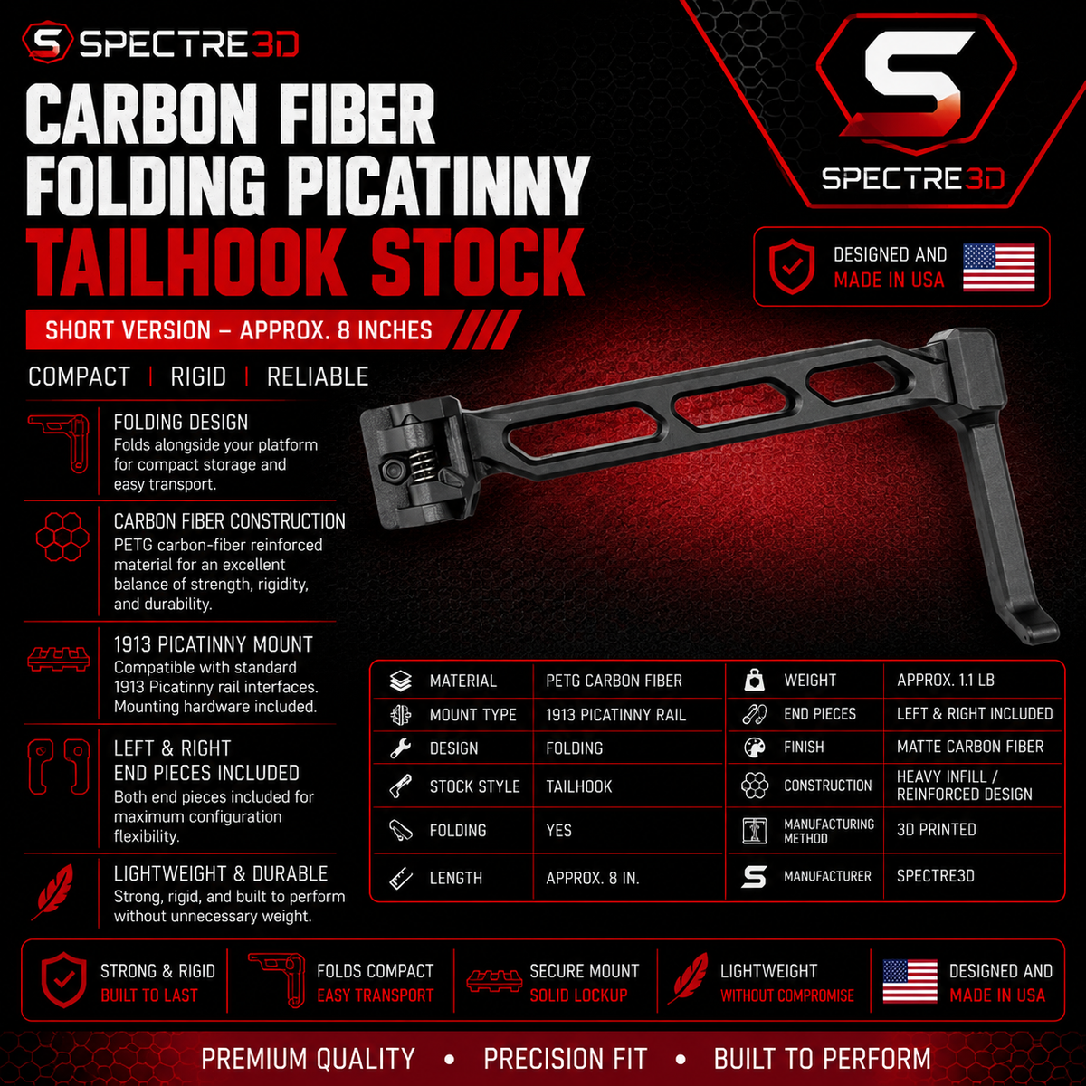 Carbon Fiber Folding Picatinny Tailhook Stock – Short Version
