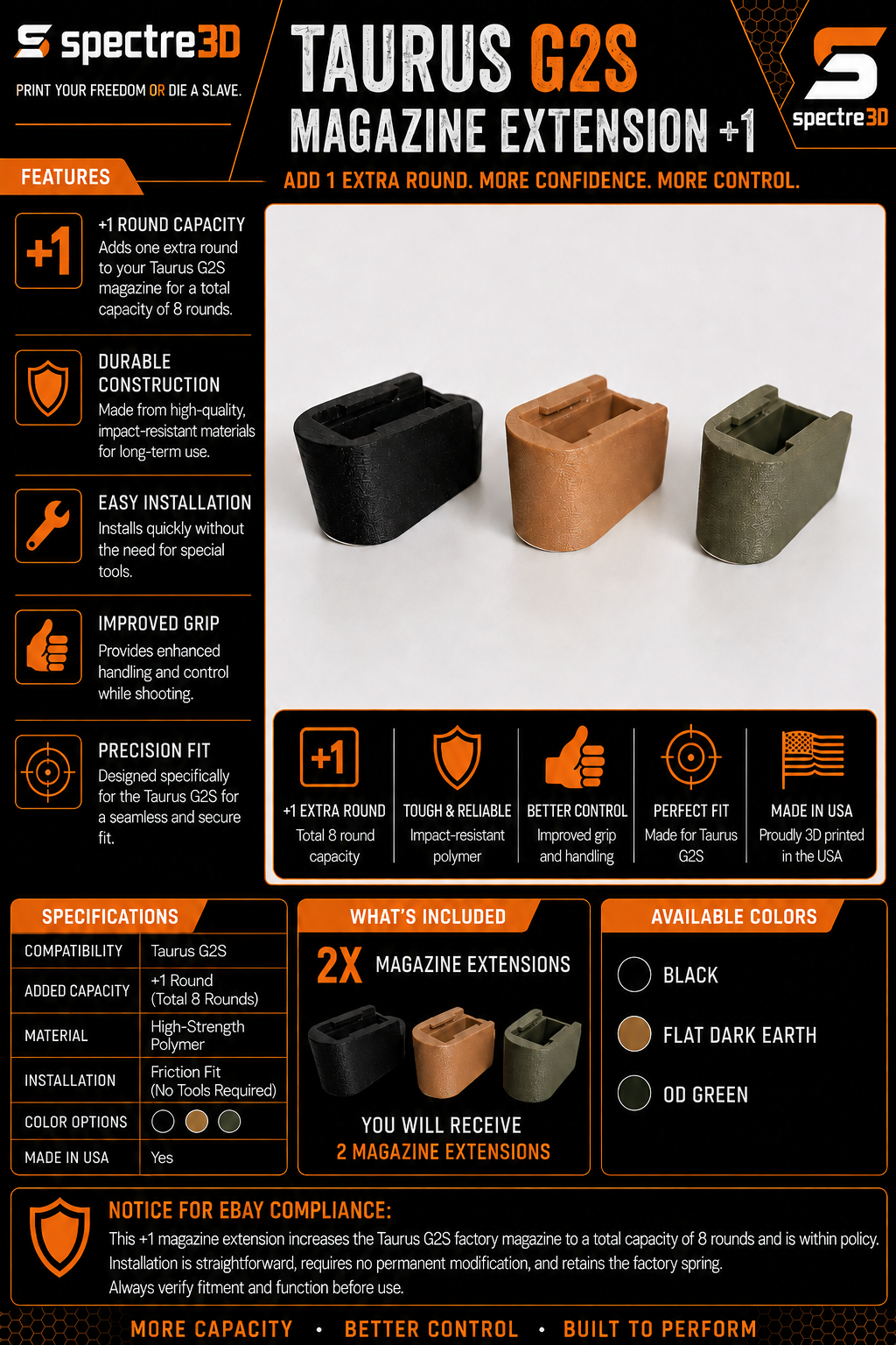 {2 Pack} Taurus G2S Magazine Extension +1