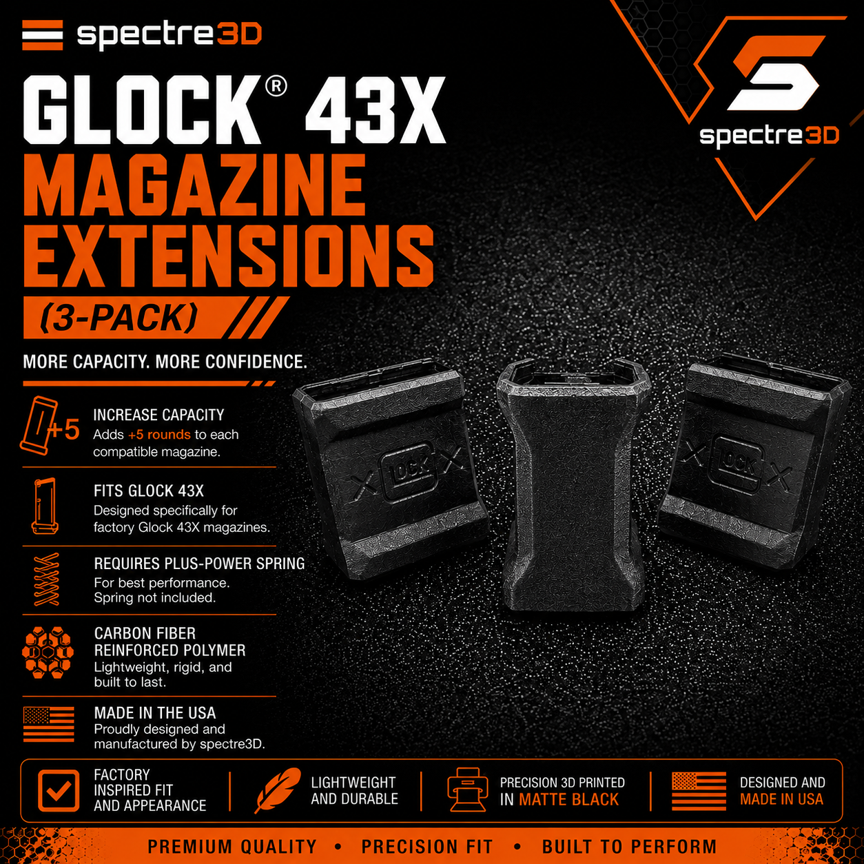 Glock 43X +5 Magazine Extension 3-Pack | Carbon Fiber Reinforced |