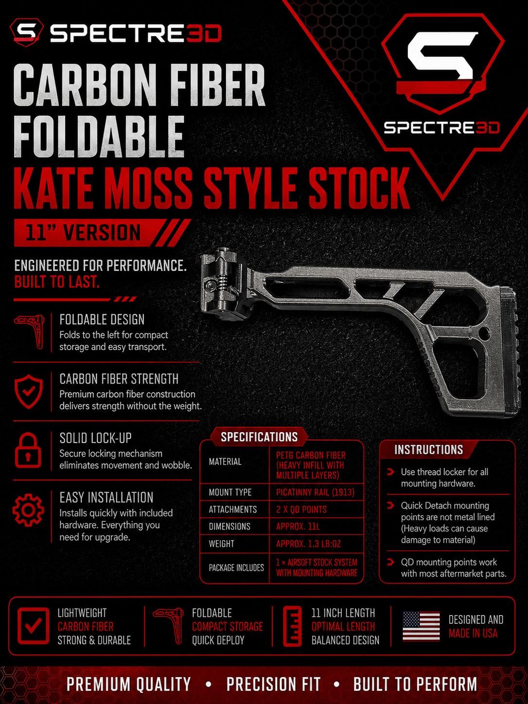 Carbon Fiber Airsoft Picatinny Kate Moss Style Stock