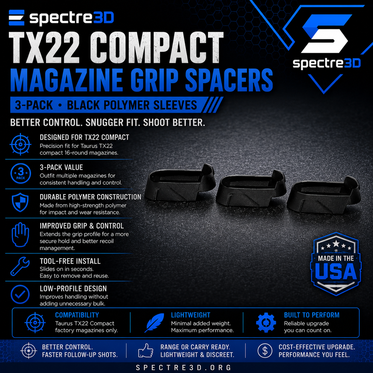 {3 PACK} Taurus TX22 (Compact)Magazine Grip Spacer/Sleeve