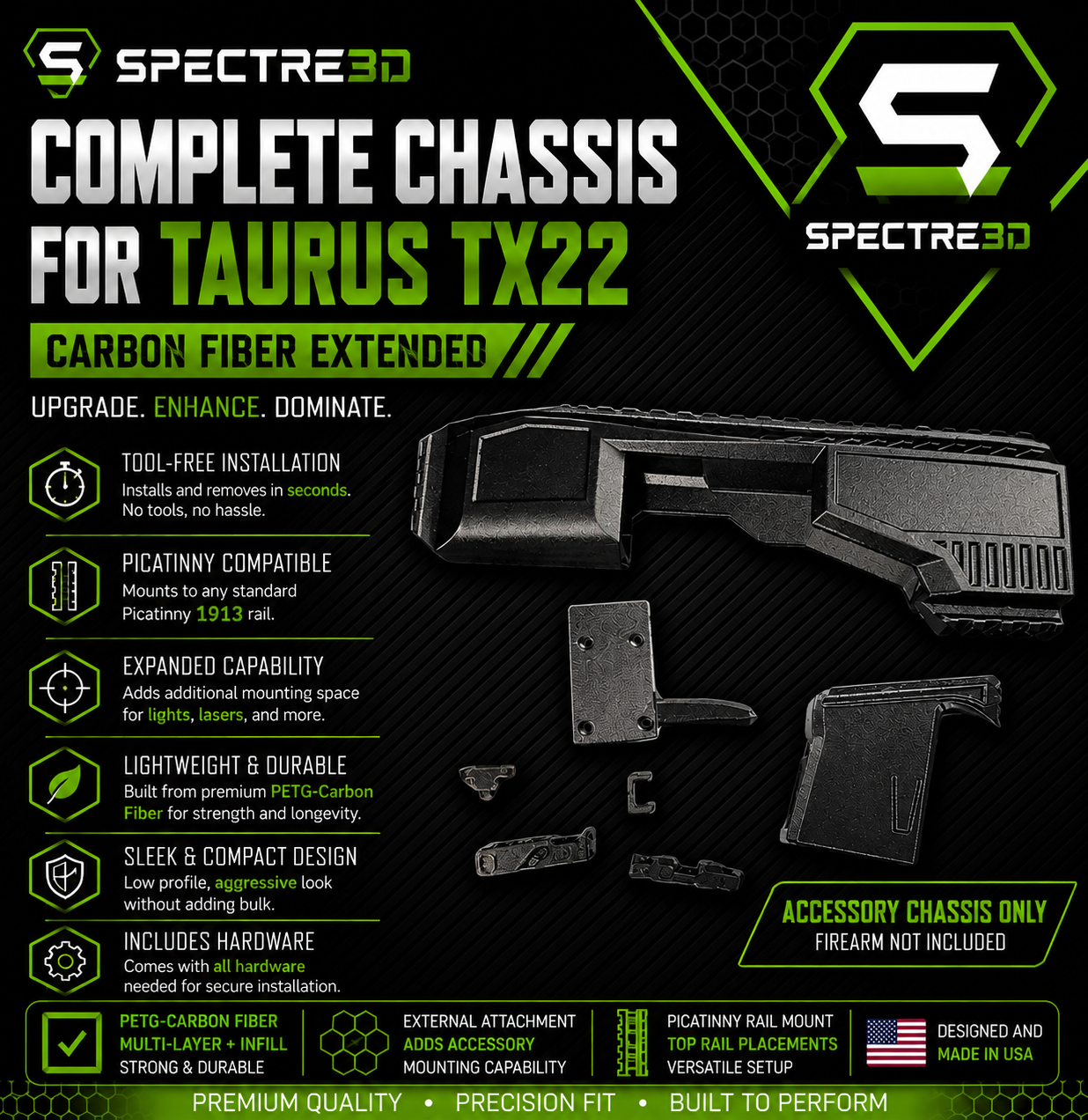 Taurus TX22 Full-Size Extended Chassis for Weighted Back Plate | Carbon Fiber