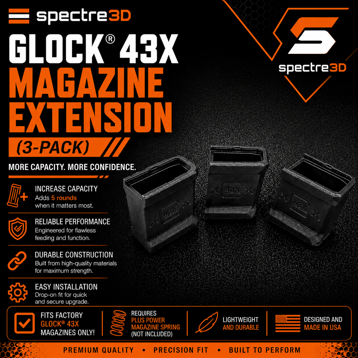 Glock 43X +5 Magazine Extension 3-Pack | Carbon Fiber Reinforced |