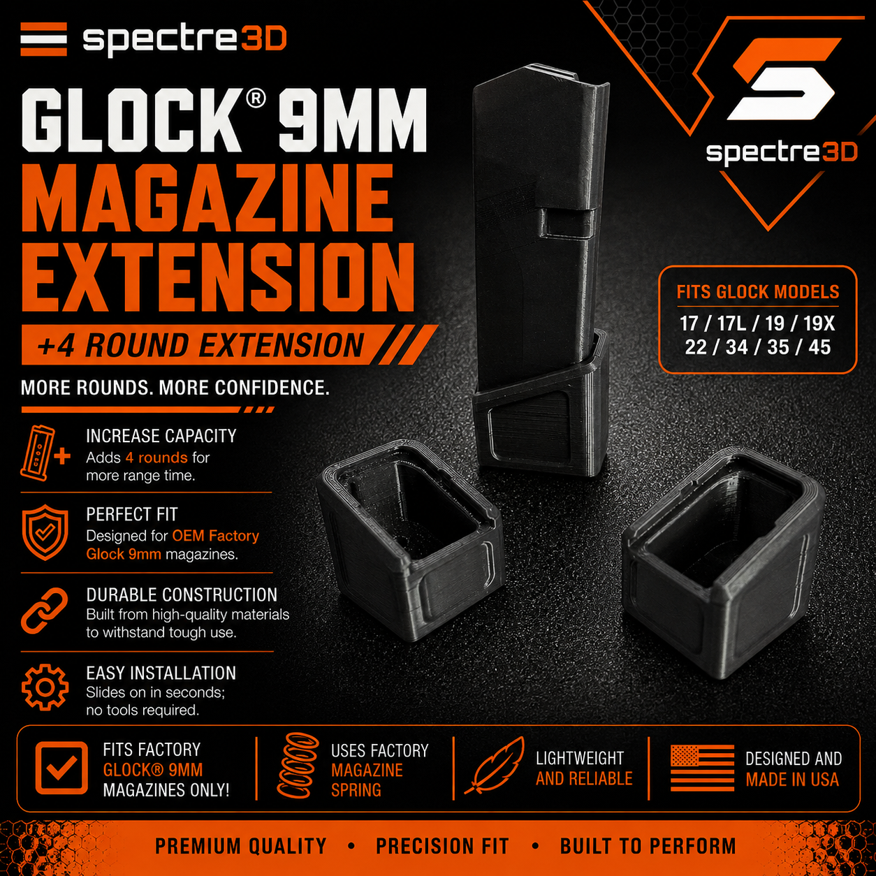 {4-Pack} Glock Magazine Extension-Fits OEM Glocks 17/17L/19/19X/22/26/34/35/45- PLUS 4