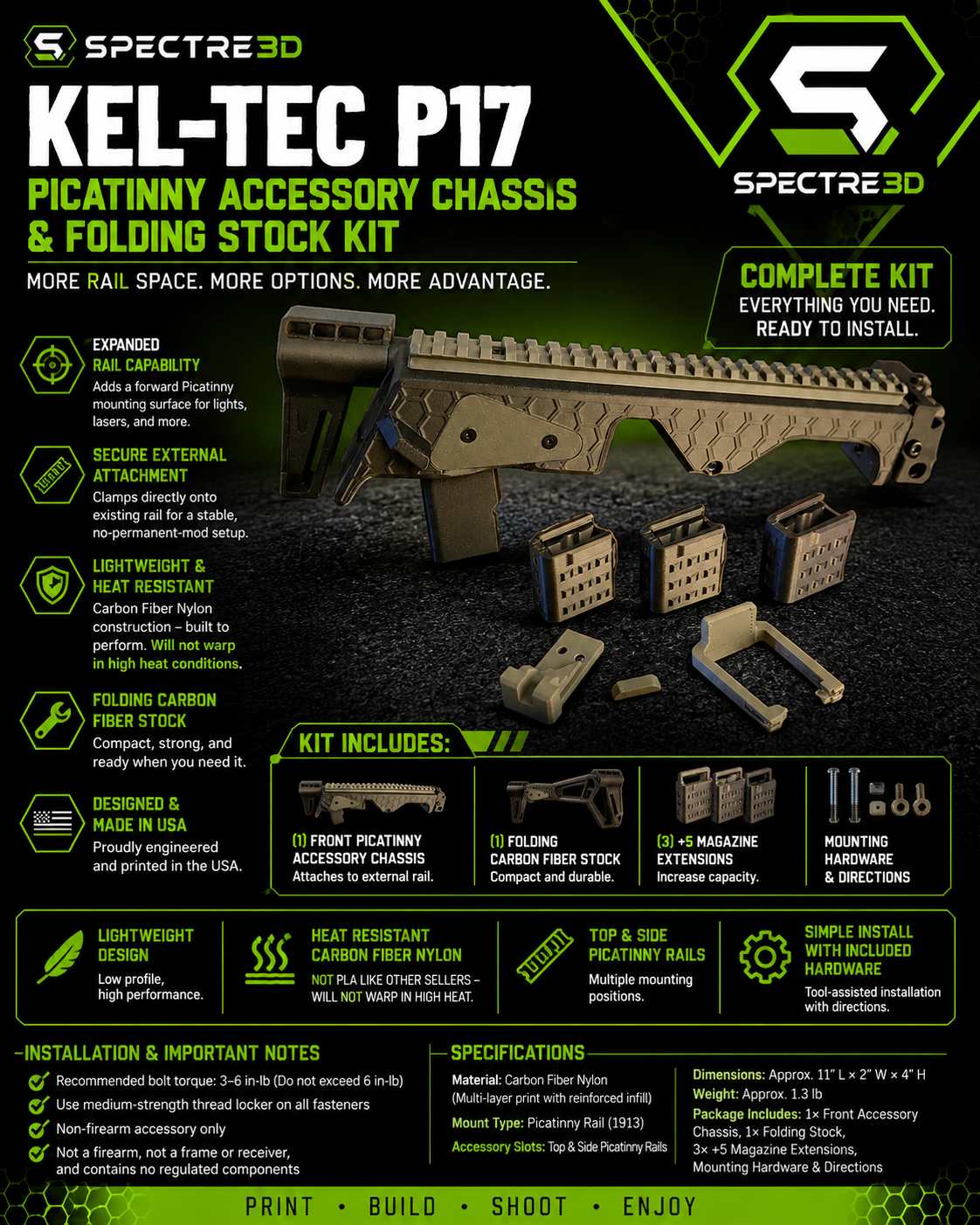 Keltec P17 Chassis w/ Picatinny Top And Right Side Rails and 3 +5 Extension KIT (CUSTOM ORDER)