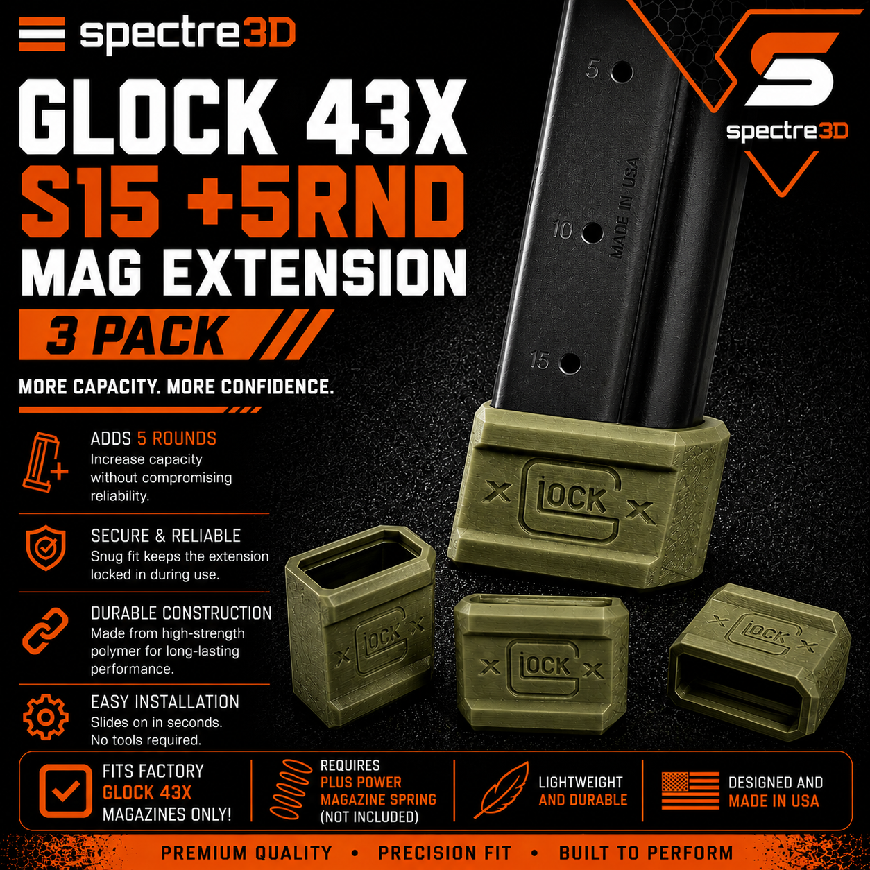 {3 PACK} Glock 43X  S15 Magazine Extension Black